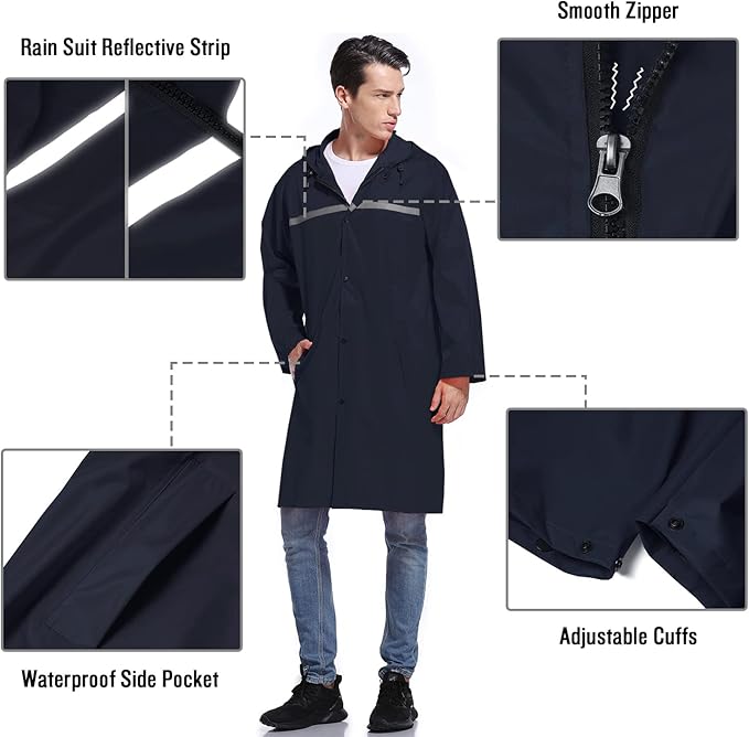 Mens Long Hooded Safety Rain Jacket Waterproof Emergency Raincoat Poncho