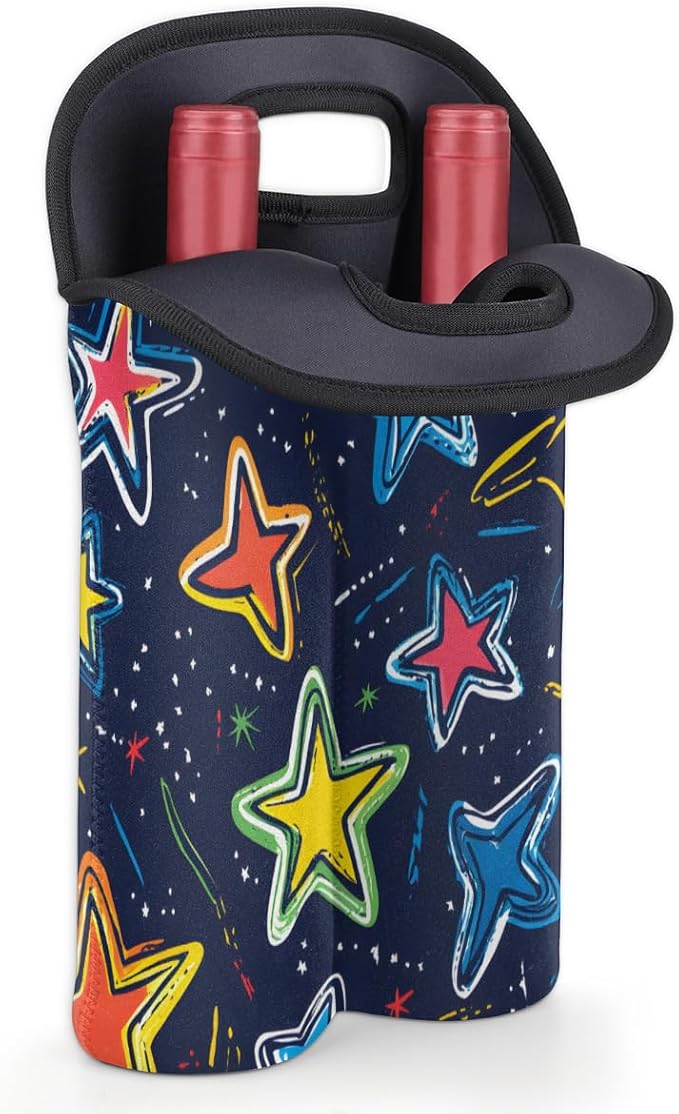 Neoprene Wine Tote, Bottle Carrier Gag Insulating Neoprene Thicker, Insulated Wine Bag for Travel Holds Two Bottles, Bottle Carrier Bags Protect the Bottles, Colorful Stars