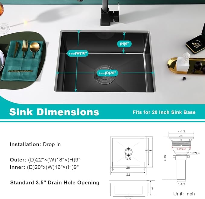 22 x 18 Inch Undermount Kitchen Sink, 18 Gauge Stainless Steel Handmade Single Bowl Kitchen Sink, 9 Inch Deep Bowl Bar Sink, Black