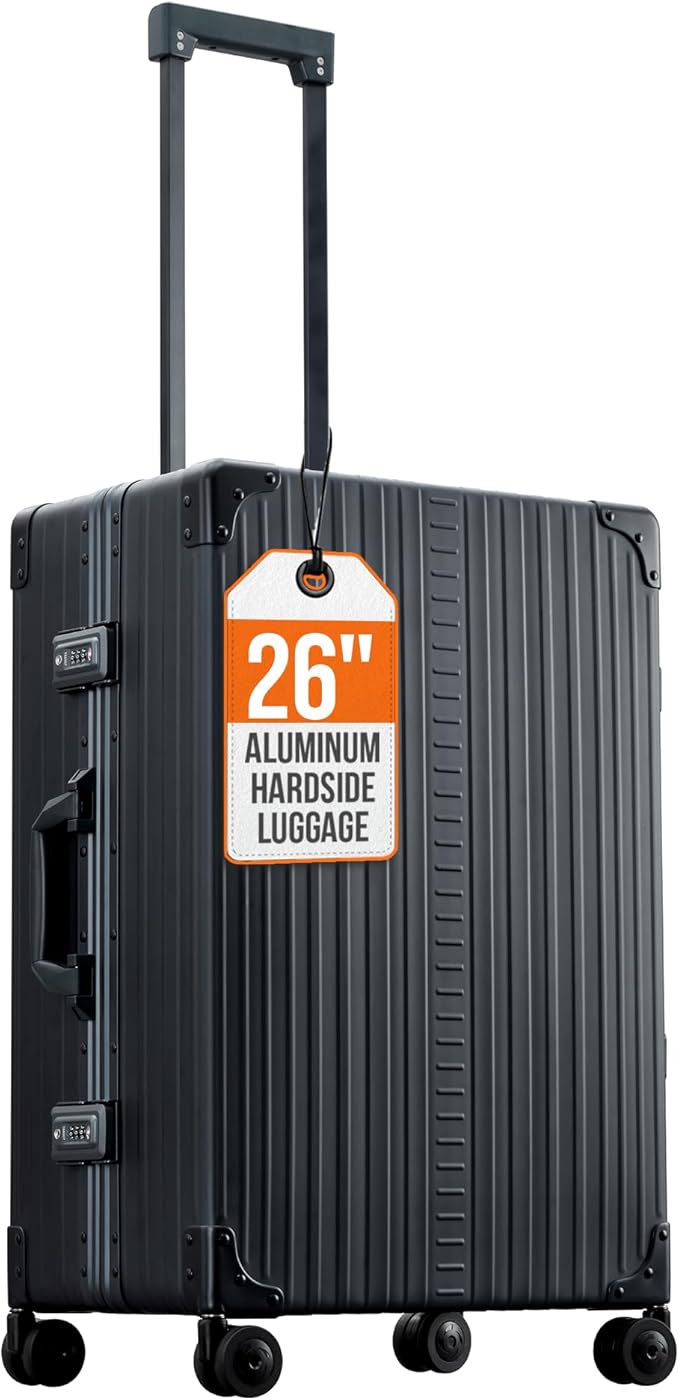 Aleon All Aluminum Lightweight 26" Carry-On Luggage - Hardside Carry-On Suitcase, TSA Approved, Hard Shell Suitcase for Travel, Airline Approved Hard Spinner Wheels Luggage (Onyx)