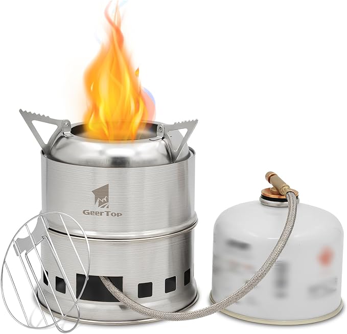 GEERTOP Portable Small Camping Stove with Fuel Canister Adapter Isobutane Ultralight Mini Stainless Steel Wood Burning Backpacking Stove Kit for Outdoor Hiking Emergency Cooking