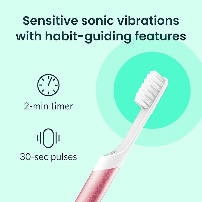 Quip Sonic Toothbrush for Adults with Timer - Includes Extra Brush Head and Travel Cover Mount - Electric, Soft Bristle Refill Head, Metal Handle, 3 Month Battery Life - Travel Toothbrush - Pink