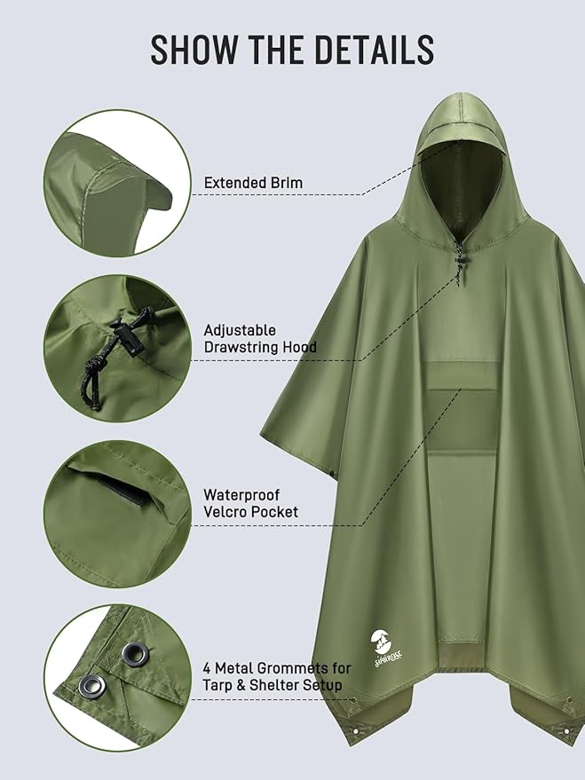 SaphiRose Extra Thick Hooded Rain Poncho Double Layer Waterproof Raincoat Jacket for Men Women Adults