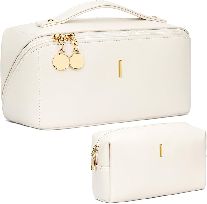 Birthday Gifts for Women Teen Girl, Personalized Initial Makeup Organizer Bag Set, Open Flat Travel Cosmetic Bag With Clear Divider and Handle(Beige,I)