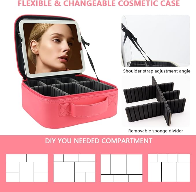 Travel Makeup Bag for Makeup Artists Large Makeup Case,with Mirror 3 Color Setting and Detachable 10x Magnifying Mirror Travel Makeup Bag,Portable Storage and Adjustable Dividers（light red）
