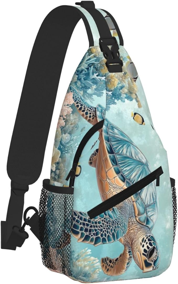 SUPLUCHOM Sling Bag Turtle Sea Coral Ocean Hiking Daypack Crossbody Shoulder Backpack Travel Chest Pack for Men Women