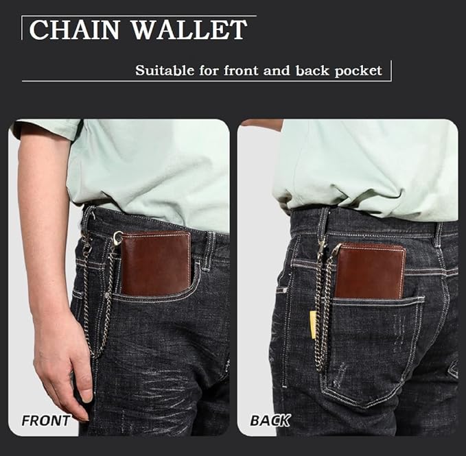 Holder for AirTag Men's Wallet Genuine Leather Purse RFID Blocking Bifold with Anti-Theft Chain,Brown with Gift Box (Brown)