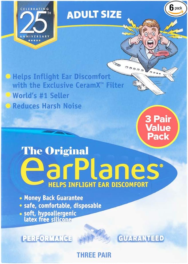New Super Soft Adult EarPlanes® Ear Plugs Airplane Travel Ear Protection 3 Pair