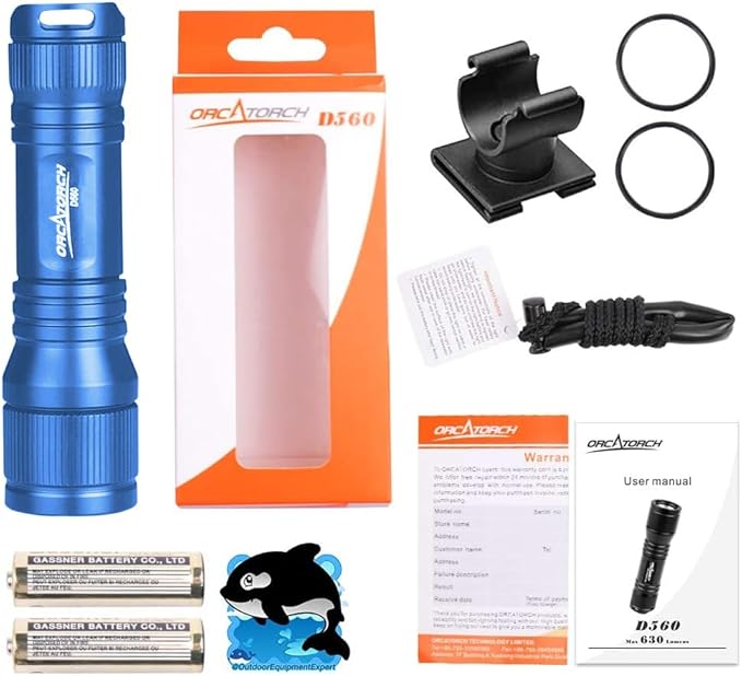 ORCATORCH D560 Mini Scuba Dive Light Headlamp 650 Lumen Mask Diving Flashlight with 360° Rotatable Mask Clip, Underwater 150m Backup Headlight with Rotary Switch (Not Included Snorkel Mask) (Blue)