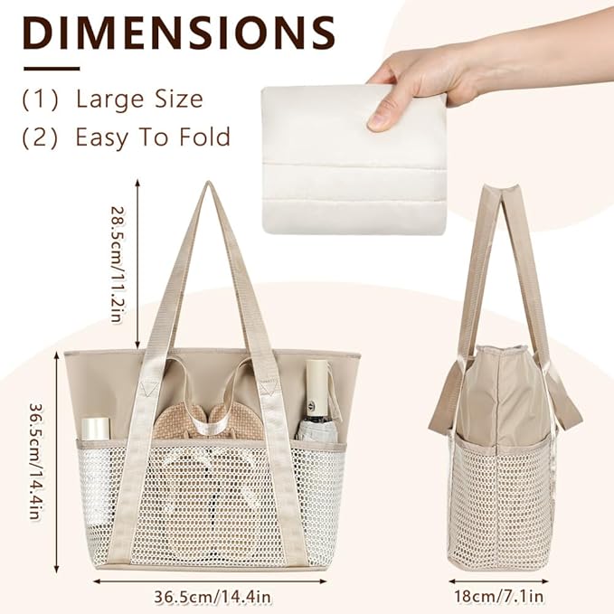 Waterproof Sandproof Beach Bag with Zipper and 6 Pockets - Foldable Lightweight Tote for Pool, Travel