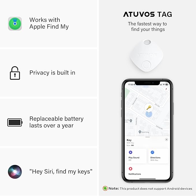 ATUVOS Air Tracker Tags-4 Pack, Bluetooth Luggage Tracker Works with Apple Find My APP (iOS Only, Not for Android), Keys Finder and Item Locator for Luggage, Backpack, Suitcases, Replaceable Battery