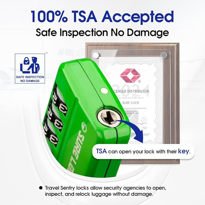 SURE LOCK TSA Approved 4-Digit Resettable Combination Luggage Locks with Open Alert, Easy-Read Dials - for Luggage, School Lockers, Gym, Office, Toolbox & Security Cases(Green 4 Pack)