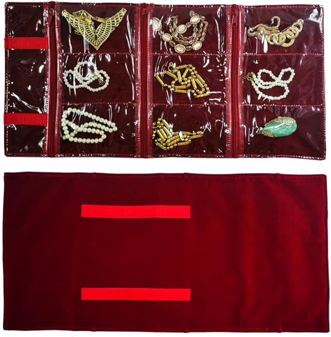 Travel Jewelry Roll Bag Portable Organizer Pouch With Grids&PVC Cover Storage Bags for Necklace, Bracelet, Bracelet,Ring, Badge, Pendant