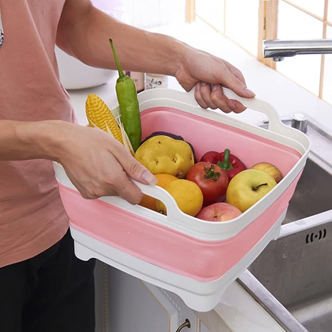 2.4 Gal(9L) Collapsible Dish Basin with Drain Plug - Multiuse Foldable Wash Basin for Baby Bottles, Space-Saving Multiuse Dish Tub, Kitchen Sink for Camping, Dishes Washing, RV (Pink)