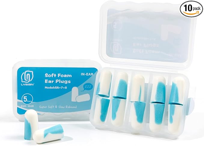 LYSIAN Ultra Soft Foam Earplugs 5 Pairs, 38dB SNR Ear Plugs for Sleeping, Snoring, and Loud Events (Blue/White)