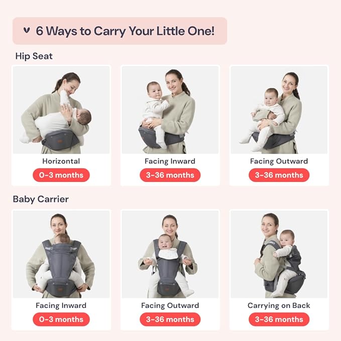 BabbleRoo Grow Carrier – 6-in-1 Baby Carrier with Hip Seat, Ergonomic, Cozy & Adjustable Toddler Carrier 7-50 lbs with Hip & Lumbar Support, Hood for Sun Protection, Newborn to Toddler, Gray
