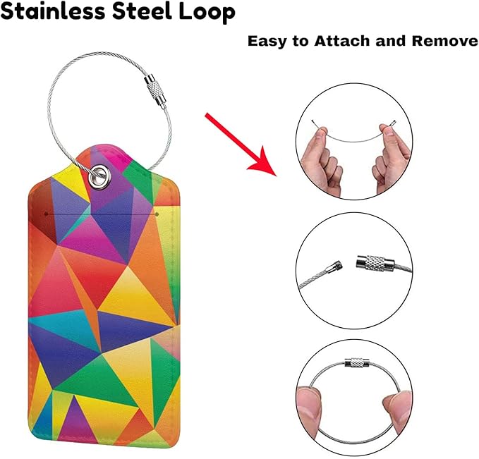 2 Pcs Luggage Tags for Suitcases Unique, Bright Rainbow Leather Baggage Tag with Colorful Geometric Pattern, Identifiers Tags with Privacy Name Address Labels & Durable Steel Loop for Women Men Travel
