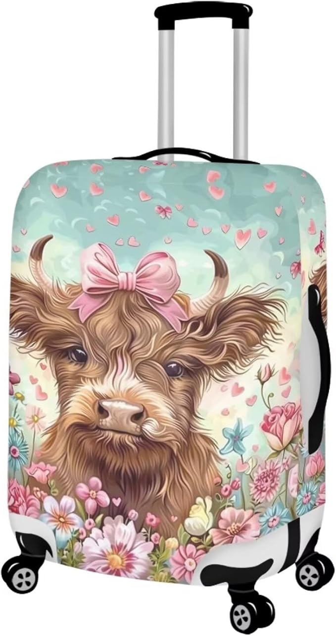 Highland Cow Suitcase Cover Flower Suitcase Protector Fits 22-25 Inch Luggage(Size M) Anti-Scratch Washable Spandex Luggage Cover Stretchable Suitcase Covers with Zipper