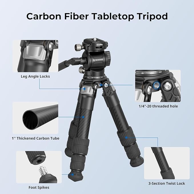 SmallRig Portable Carbon Fiber Tabletop Tripod Kit, 17'' Compact Mini Desktop Tripod with Video Head High Load-Bearing, Built-in QR Plate for Arca, Max Load 3kg / 6.6lb for Cameras, DSLR