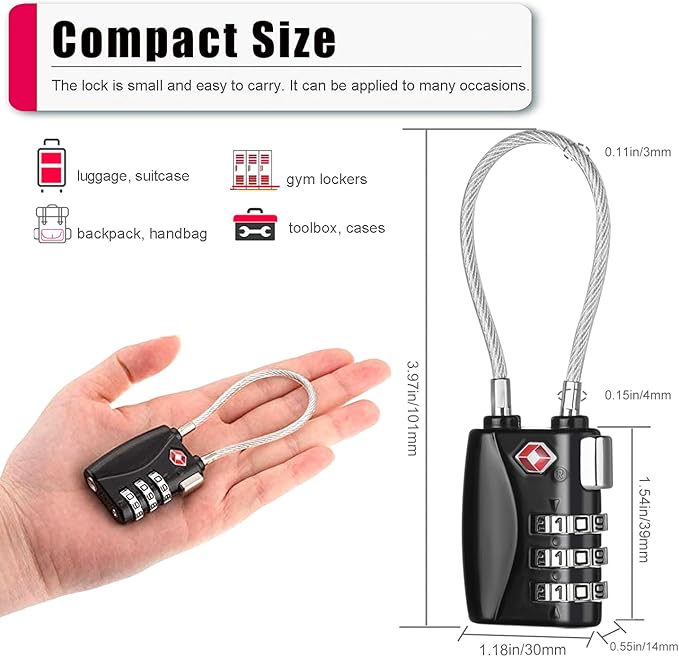 ZHEGE TSA Wire Lock 2 Pack Cable Luggage Lock with Alloy Body for Suitcase, Baggage, Backpack, Pistol Case (Black & Red)