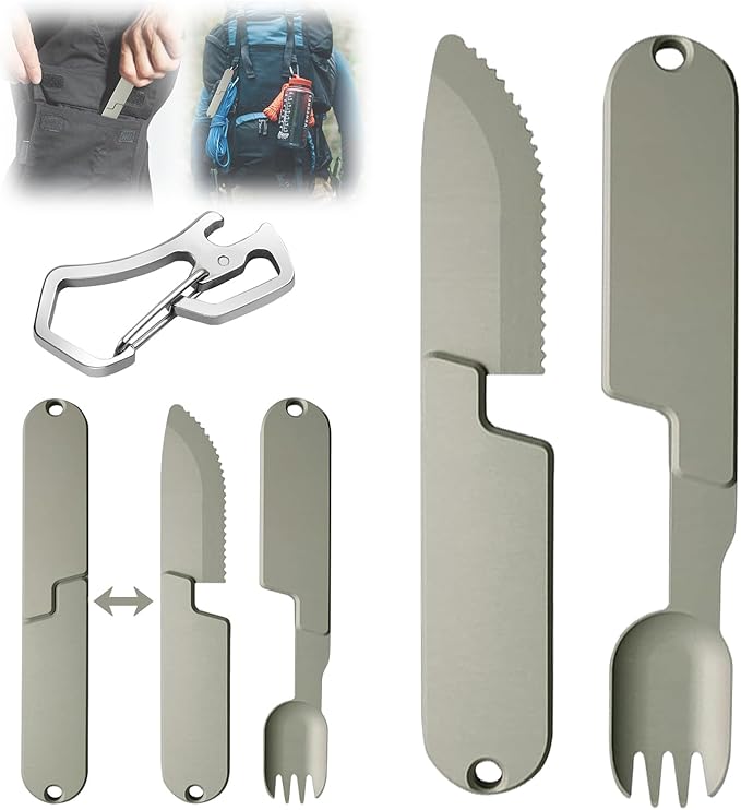 Kopak 2 in 1 Camping Eating Utensils Set,Reusable Magnetic Camping Utensils Set,Portable Detachable Pocket Combination Knife,Fork and Spoon Tool for Fishing Travel Outdoor Survival