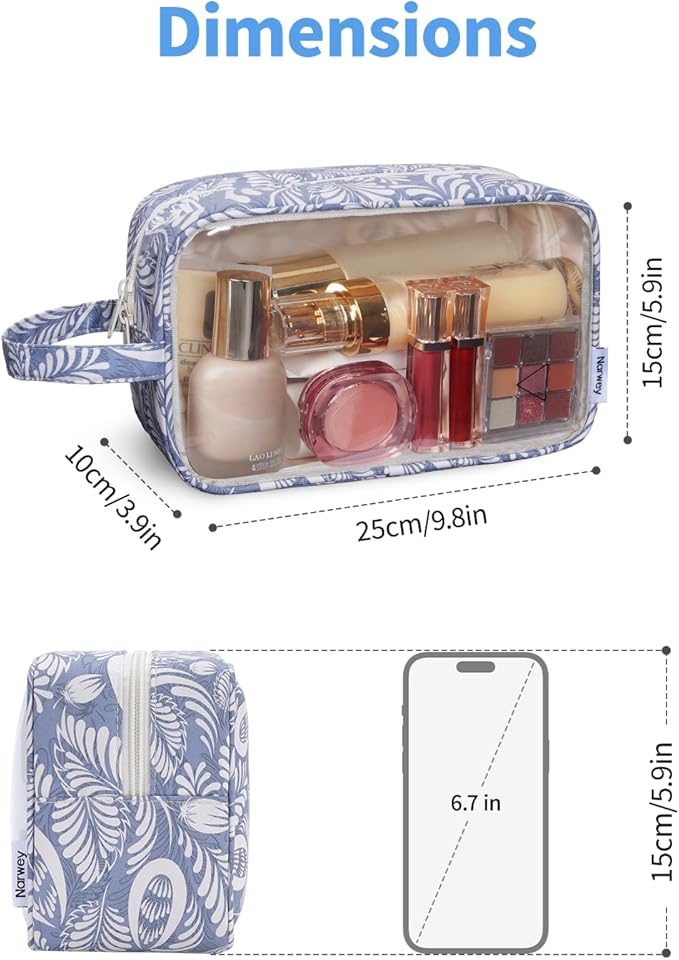 Narwey Clear Toiletry Bags for Traveling Women Men, Clear Travel Bags for Toiletries Makeup Bag Cosmetic Bag with Zipper, Make Up Organizer, Skincare Bag (Blue Leaf)