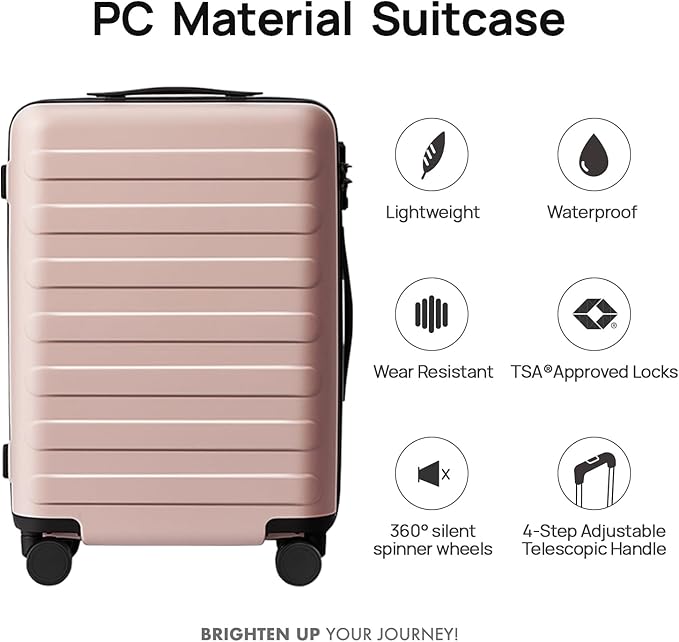 Carry on Luggage 22 X 14 X 9 Airline Approved, 20 Inch Luggage for 3-5 Days Travel, Double Spinner Wheels, 100% Hardshell PC, TSA Lock (04-Pink (Basic), Checked 24-Inch)
