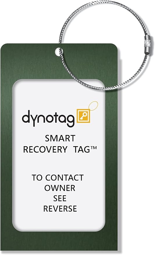 Dynotag® Web Enabled Smart Aluminum Convertible Luggage ID Tag + Braided Steel Loop, with DynoIQ™ & Lifetime Recovery Service (Emerald Green)
