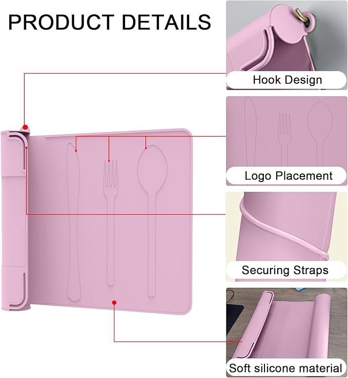 Utensil Box, Tableware Silicone Portable Box Silverware mat, Suitable for Kitchen Utensils, Portable Outdoor Camping Spoon Fork Utensils Storage mat (Pink)