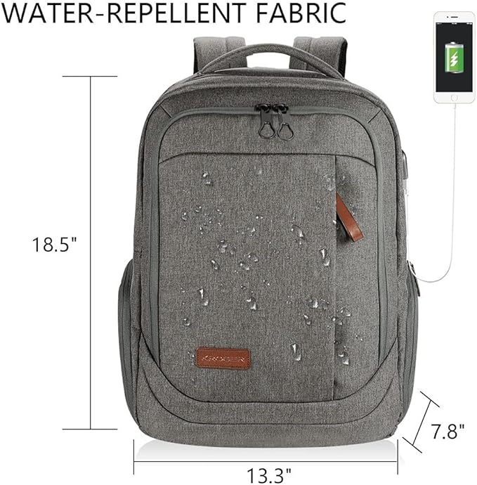 KROSER Laptop Backpack Large Computer Backpack Fits up to 17.3 Inch Laptop with USB Charging Port Water-Repellent Casual Daypack for Travel/Business/College/Women/Men-Grey