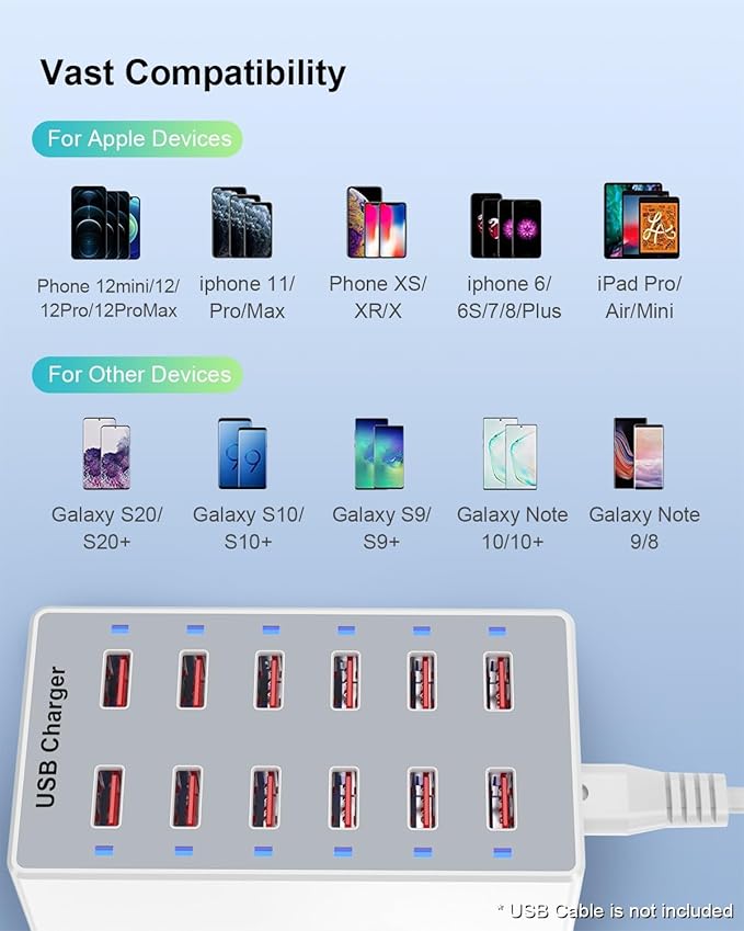 USB Charger 12-Ports Charging Station for Multiple Devices USB Wall Charger Power Hub Strip Smart Plug Charging Dock Block for iPhone Xs/XR,iPad,iPod,Galaxy S9/S8,Smart Phones 60W