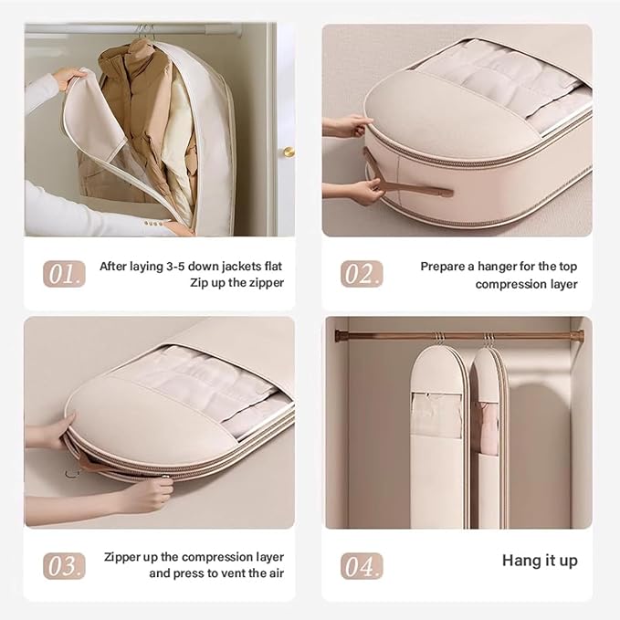 Space Saving Hanging Garment Bag with Self Compression Zipper, Space-Saving Dust-Proof Down Jacket Compression Storage Bag for Coats Blankets, Sweaters, Seasonal Clothes(Beige, L)