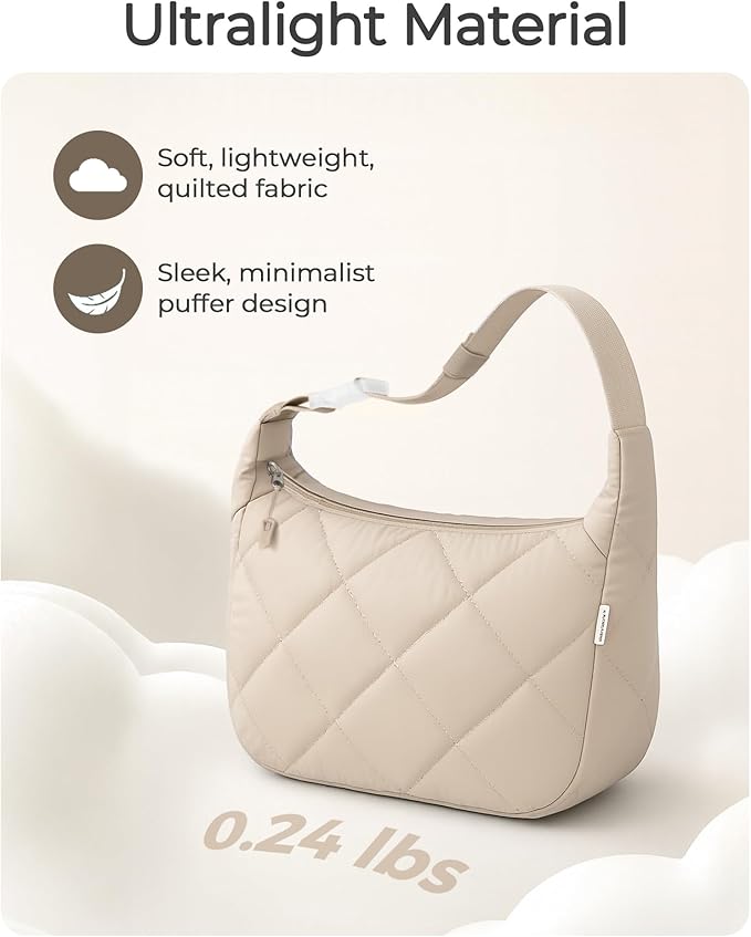 Quilted Lunch Bag for Women, Cute Insulated Lunch Tote with Adjustable Strap, Puffy Reusable Waterproof Cooler Bag, Stylish Bento Lunch Box for Work Picnic Travel, Beige
