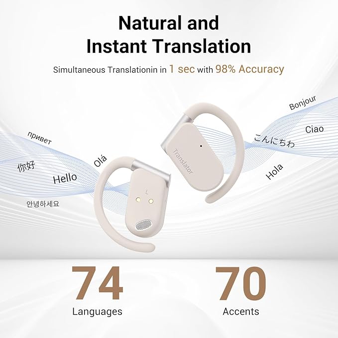 M9 Language Translator Earbuds Open-Ear Headphones Support 144 Languages & Accents Translation Earbuds Real Time Translator Device, Snug Fit, Ergonomic Ear Hooks Beige (Without Offline Package)
