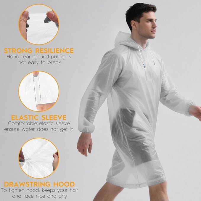 Bruvoalon 6 & 20 Pack Disposable Rain Ponchos for Adults/Youth, Waterproof PE Raincoats with Drawstring, Camping/Emergency