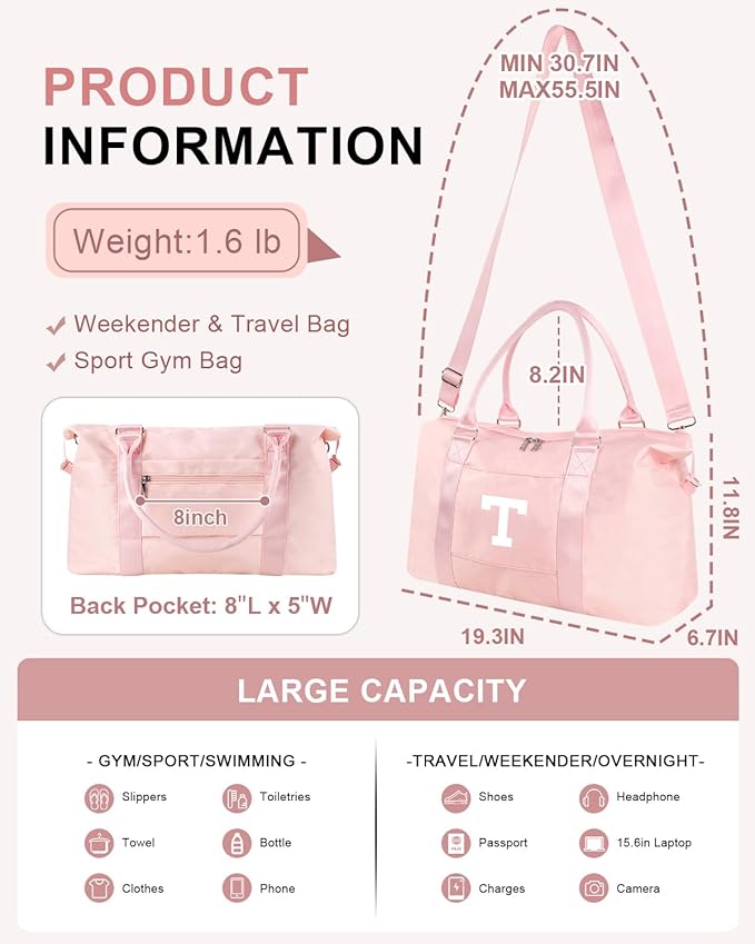 Initial Travel Duffel Bag Sports Gym Bag for Girls Teen Birthday Gifts,Pink Personalized Weekender Bag Carry On Tote Bags for Women Men,Waterproof Overnight Luggage Bag with Trolley Sleeve(Letter T)