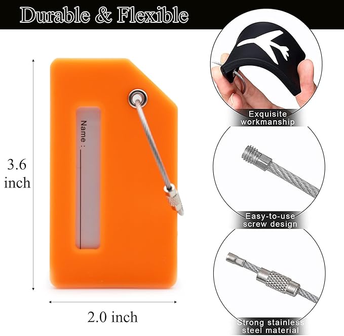 7 Pack Silicone Luggage Tag Baggage Handbag Travel Suitcase Tags with Name ID Card Perfect to Quickly Spot Luggage Suitcase (Orange