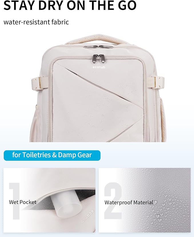 ECOHUB 30L Carry on Travel Backpack for Men Women 18x14x8, 17 inch Expandable Airlines Personal Item Bag Water Resistant Laptop Backpack Flight Approved with USB Slot & Wet Pocket, Beige