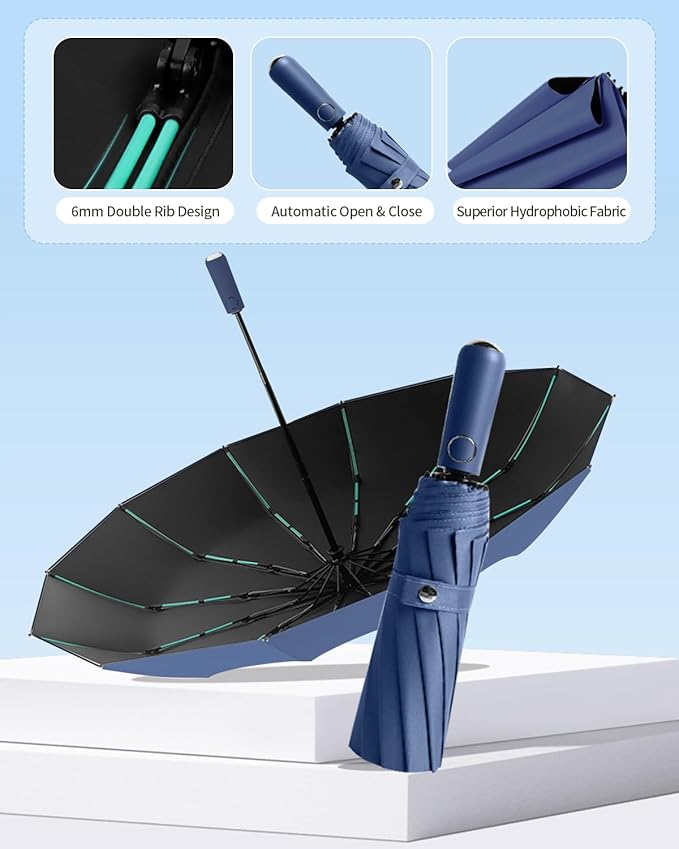 Large Double-Ribs Umbrella Automatic Folding Umbrella for Women Men, Travel, UPF 50+ UV Protection