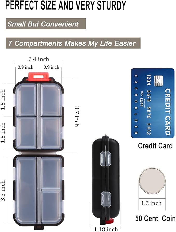 2PS Weekly Pill Organizer Small Folding Box 7 Day BPA-Free Daily Pill Container Foldable Travel Pill Case with Lock Pill Holder， Medicine Organizer for Purse Pocket to Store Vitamin Etc (Black)