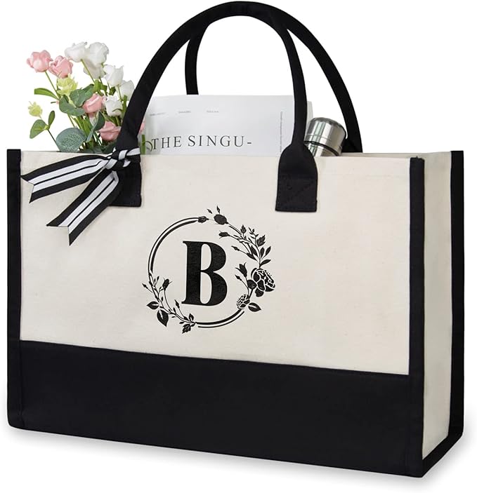 TOPDesign Personalized Initial Jute/Canvas Beach Bag, Monogrammed Gift Tote Bag for Women