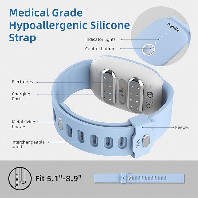 EmeTerm Fashion Anti-Nausea Wristband Relieve Morning Motion Travel Sickness Rechargeable Drug Free Bands Without Side Effects - Extra 2pack Conductive Gel (Blue - Extra 2pack Conductive Gel)