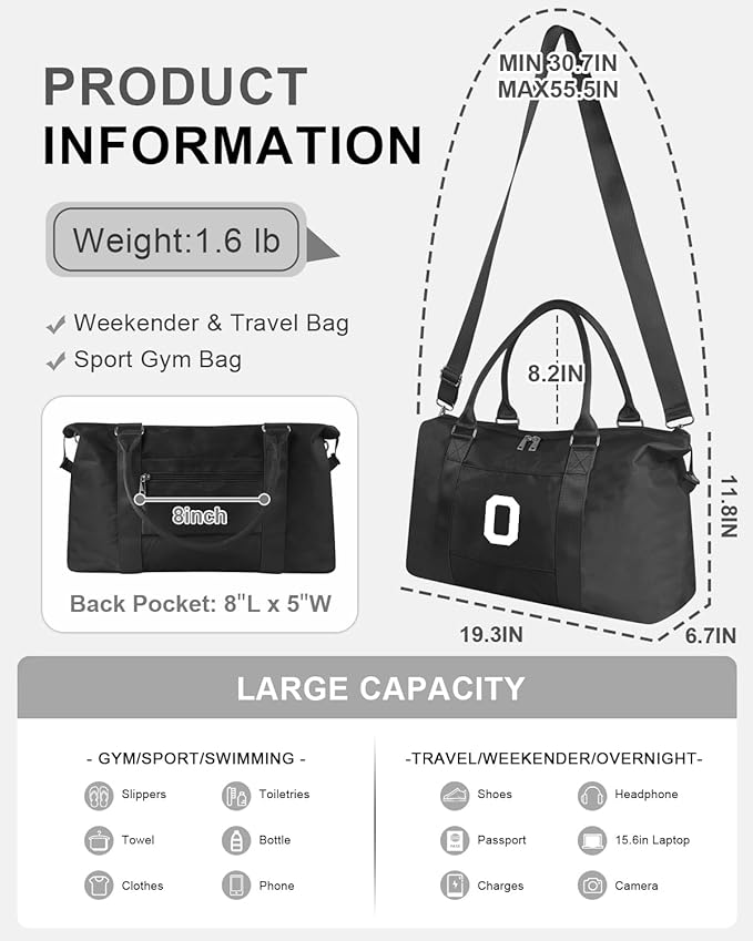 Initial Travel Duffel Bag Sports Gym Bag for Boys Teen Birthday Gifts,Black Personalized Weekender Bag Carry On Tote Bags for Men,Waterproof Overnight Luggage Bag Airplane Travel Essentials(Letter O)