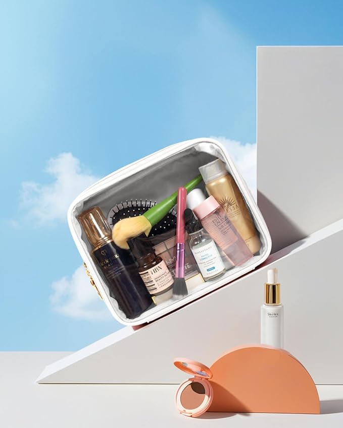 KOTORA TSA Approved Toiletry Bag with Mini Clear Makeup Bag Travel Size Beach Pool Bag Car Accessories for Women Her (2White)