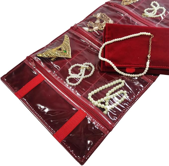 Travel Jewelry Roll Bag Portable Organizer Pouch With Grids&PVC Cover Storage Bags for Necklace, Bracelet, Bracelet,Ring, Badge, Pendant
