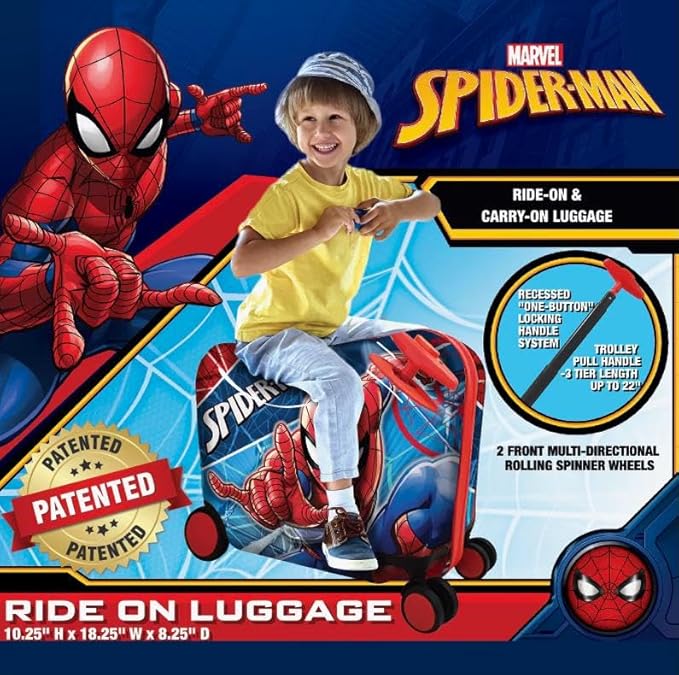 Fast Forward Spiderman Ride on Luggage for Kids, 18'' Suitcase with Seat for Kids, Cute Lightweight Travel Trolley