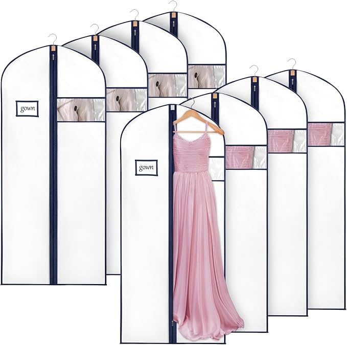 Syeeiex 60'' Garment Bags for Hanging Clothes, Set of 8 Dress Bags for Gowns, Dress Garment Bags for Gowns,Evening Dresses,Fur Coat,Long Dress(White & Dark Blue)