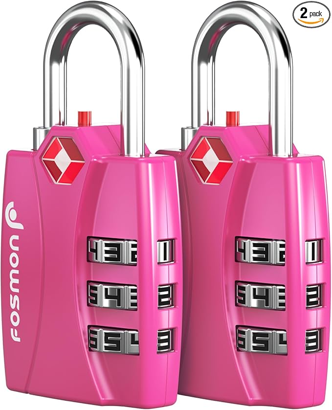 Fosmon TSA Approved Pink Locks for Luggage. Cute Locker Suitcase Lock with Open Alert Indicator, 3 Digit Combination Padlock with Alloy Body for Travel, Backpack Zipper Anti Theft, Gym, Women- 2 Pack