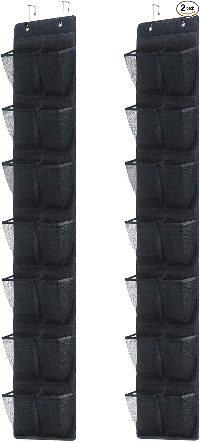 Over The Door Shoe Organizer, 14 Large Mesh Pockets Hanging Shoe Rack for Closet Organizers and Storage, 2-pack (black)