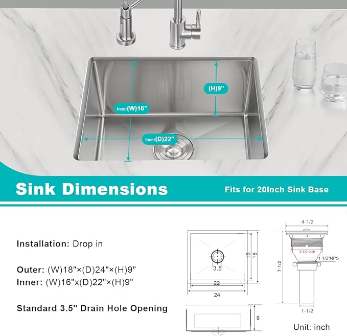 24 inch Undermount Kitchen Sink, 24 x 18 inch Single Bowl Stainless Steel Handmade Undermount Kitchen Sink with Sink Strainer, Brushed